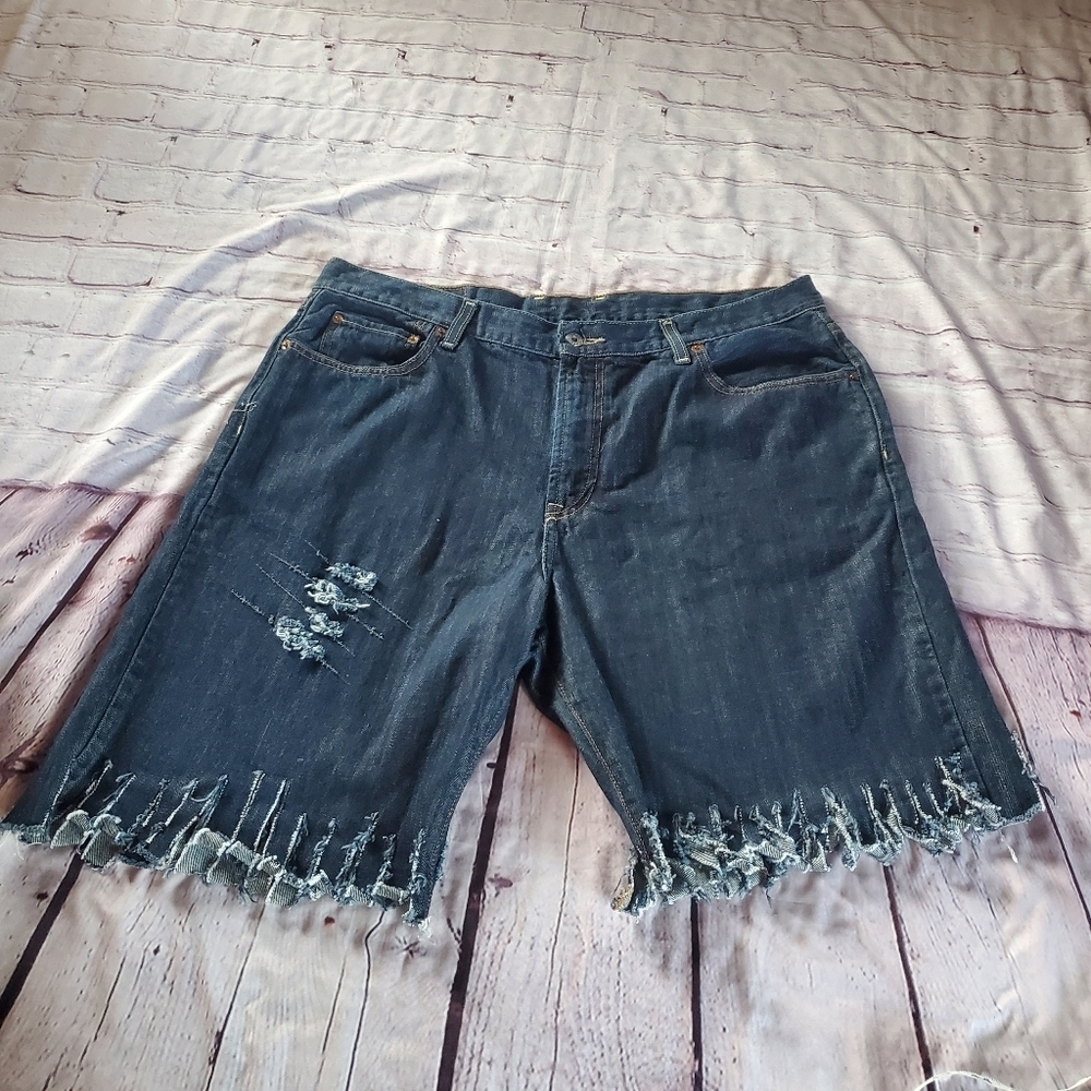 Lucky Brand High Rise Blue Denim Shorts Distressed Raw Hem Custom Fringe Size 38